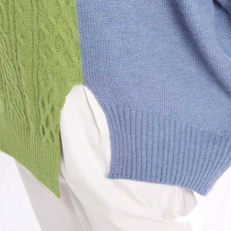 Split Two-Tone Sweater with Turtleneck Collar Long Sleeve Oversized