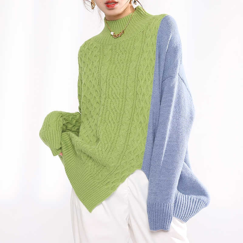 Split Two-Tone Sweater with Turtleneck Collar Long Sleeve Oversized