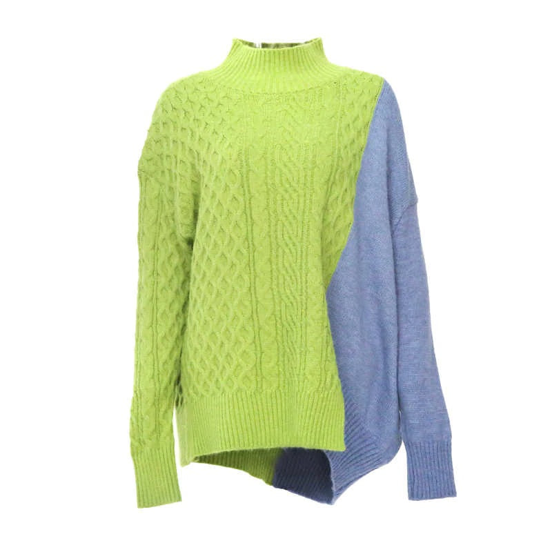 Split Two-Tone Sweater with Turtleneck Collar Long Sleeve Oversized
