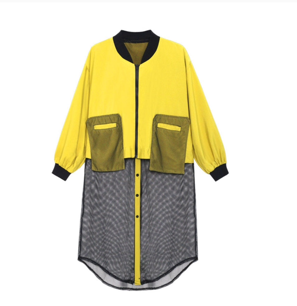 Rounded Collar Zip & Button Long Sleeve Coat with Mesh Hem Full Length