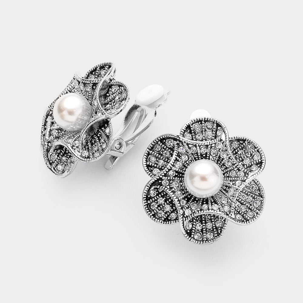 Rhinestone Embellished Antique Metal Flower Clip On Earrings Antique Silver