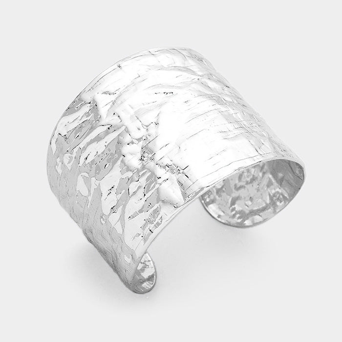 Hammered Textured Metal Cuff Bracelet Silver-Plated Over Brass