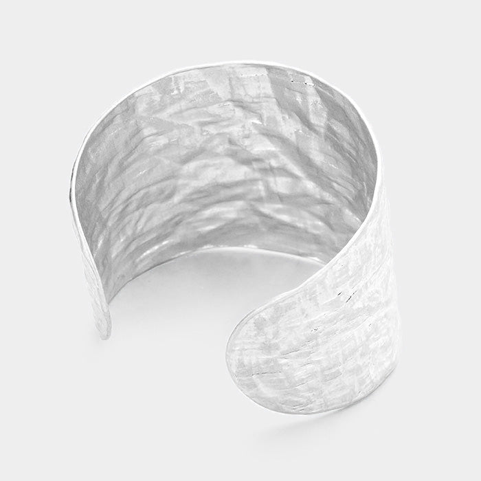Matte Silver Hammered Textured Metal Cuff Bracelet