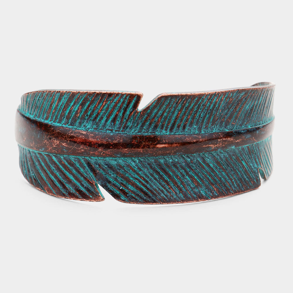 Feather Metal Cuff Bracelet Patina Verdigris