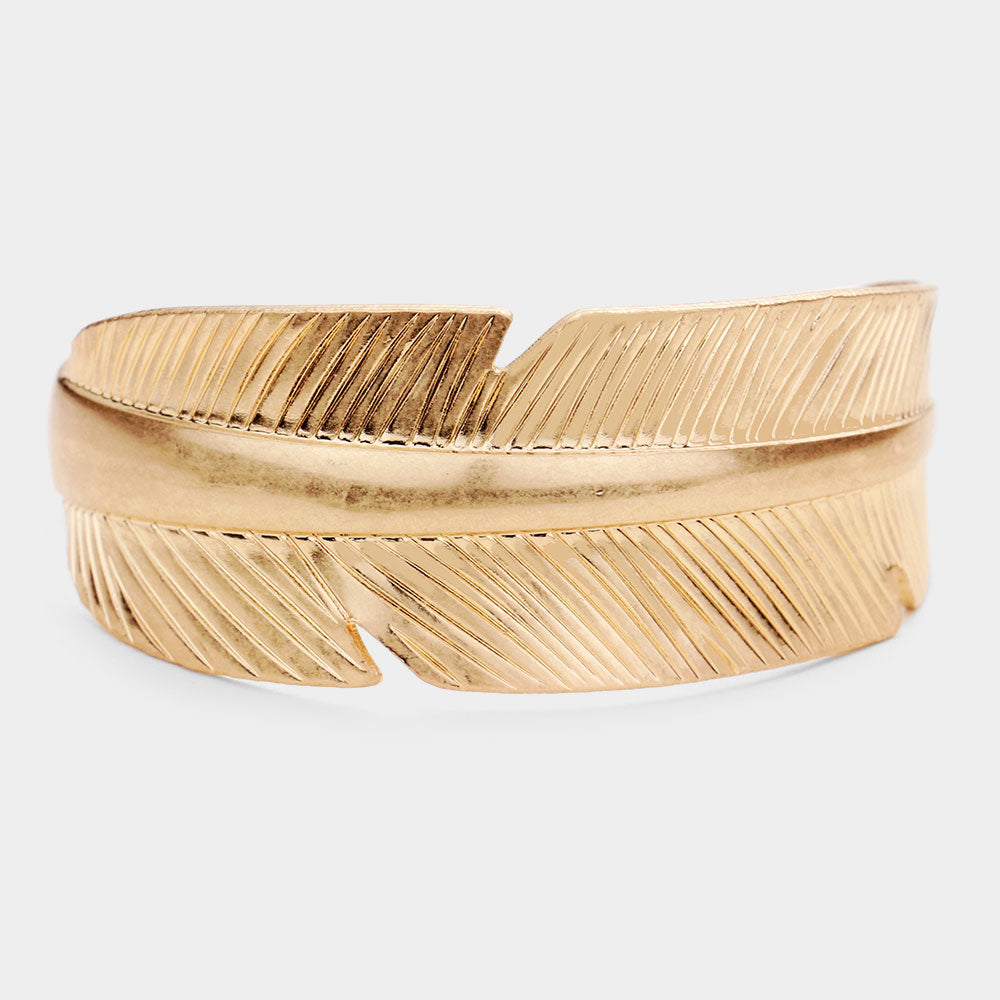 Feather Metal Cuff Bracelet Gold Tone