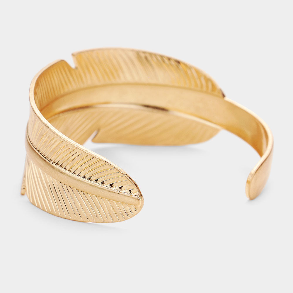 Feather Metal Cuff Bracelet Gold Tone