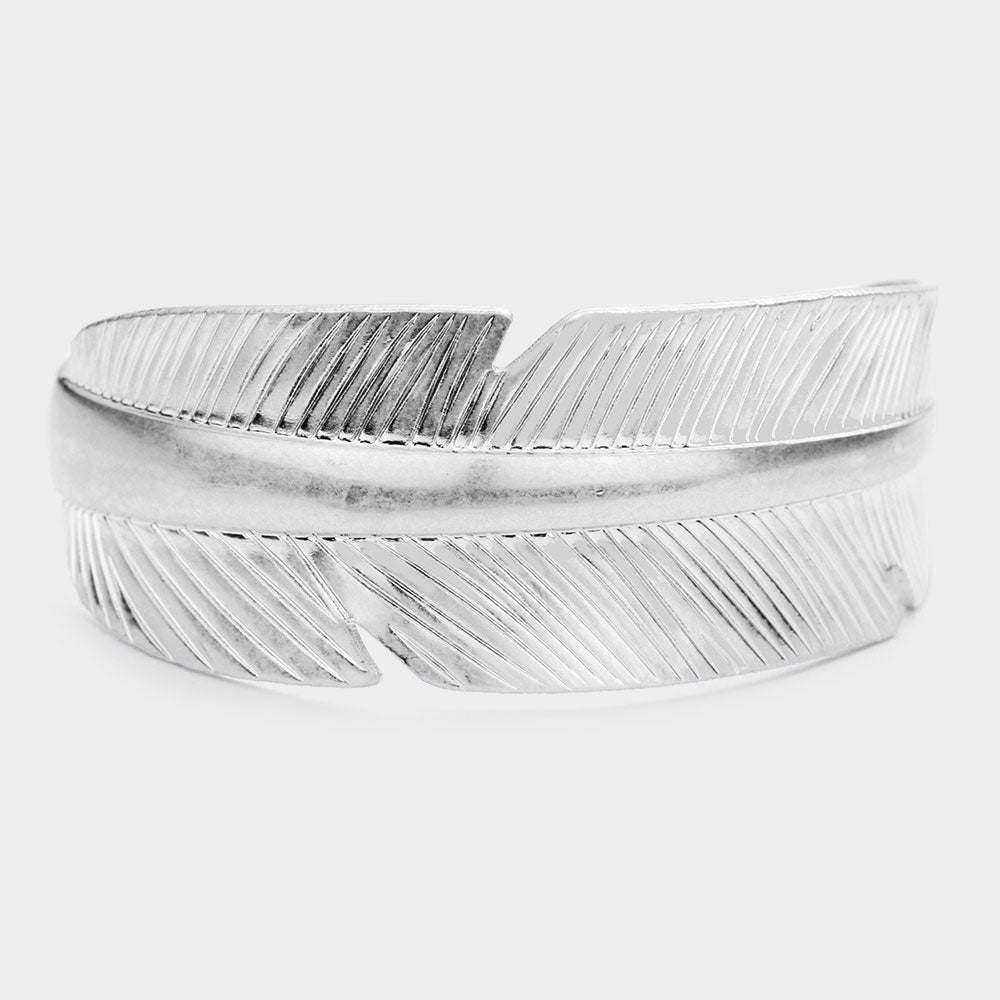Feather Metal Cuff Bracelet Silver Tone