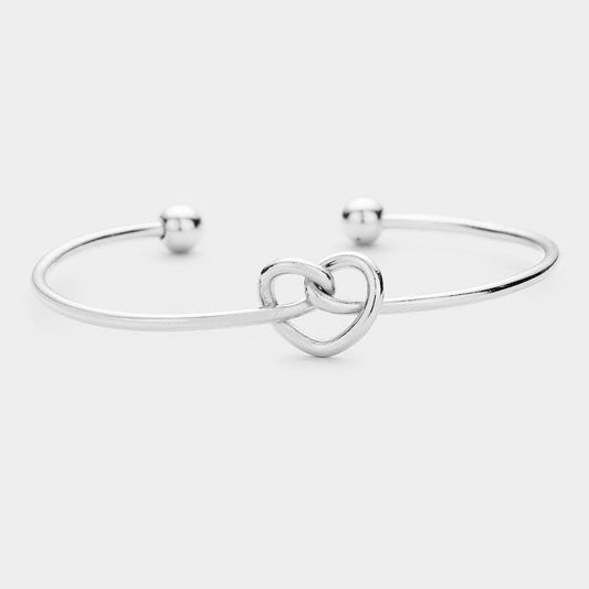 Knotted Heart Metal Cuff Bracelet Silver Tone