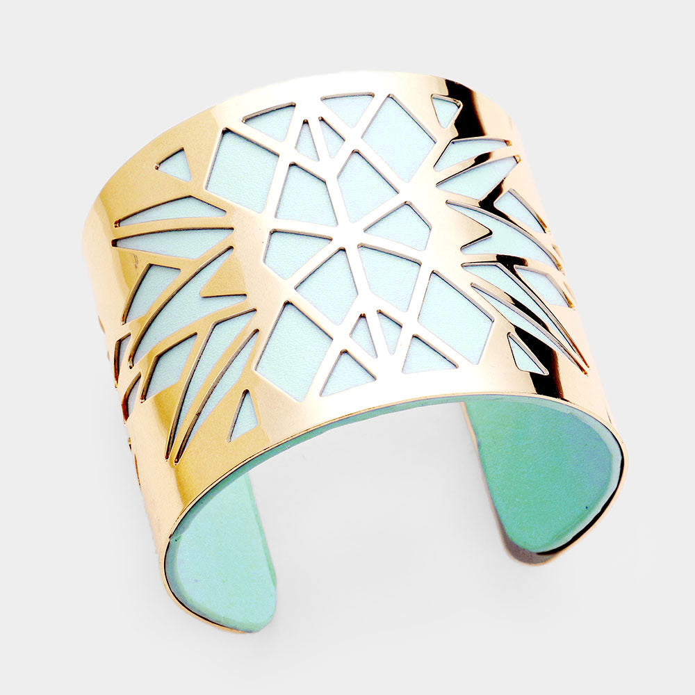Vegan Leather GEOMETRIC Laser Cut Filigree Cuff Bracelet Green