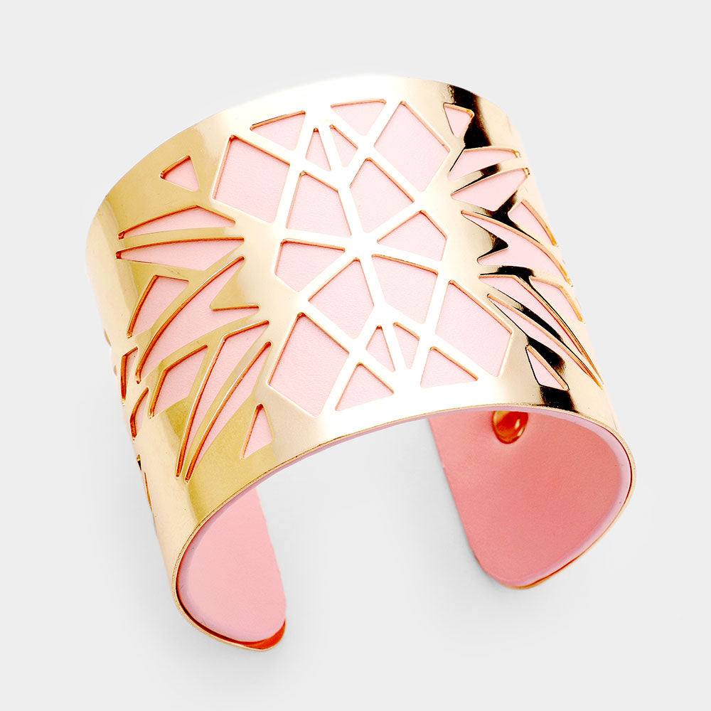 Vegan Leather GEOMETRIC Laser Cut Filigree Cuff Bracelet Pink