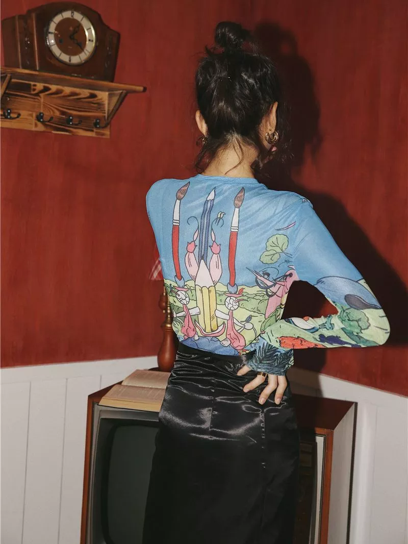 Sheer Mesh Tee Long Sleeve Blue with Raw Hem Pop Art