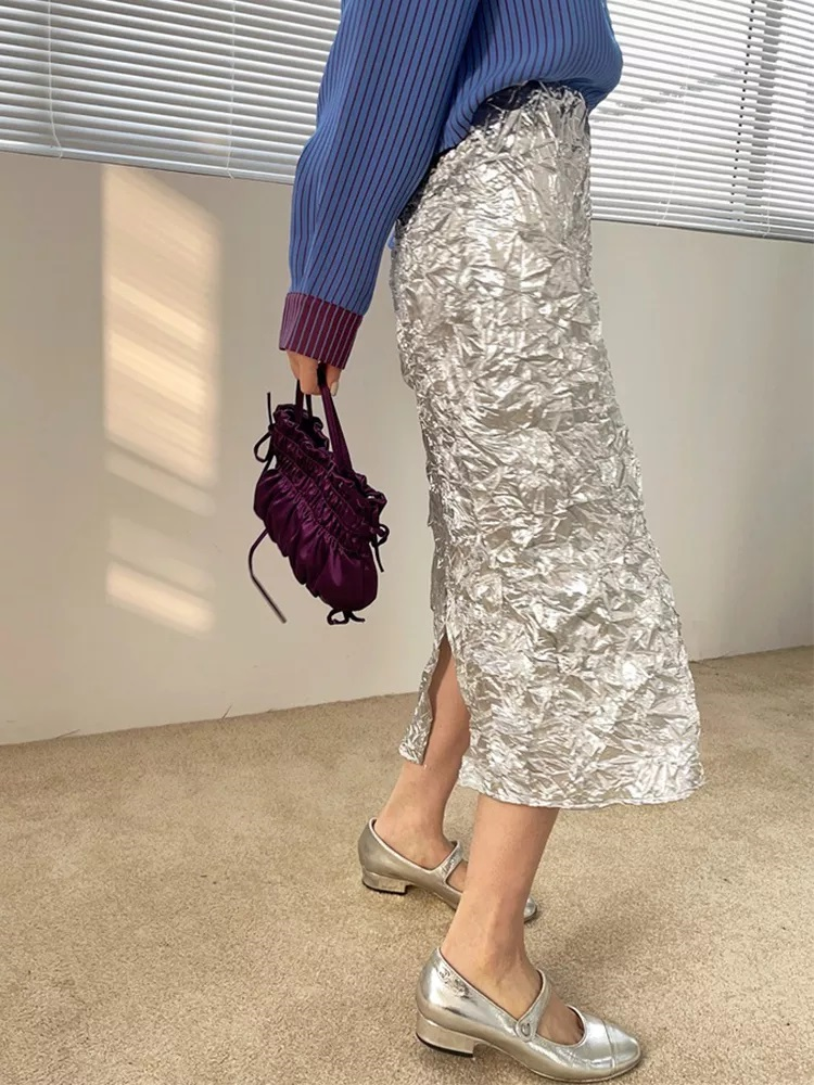 Metallic Texture Silver High Waisted A-Line Skirt Women