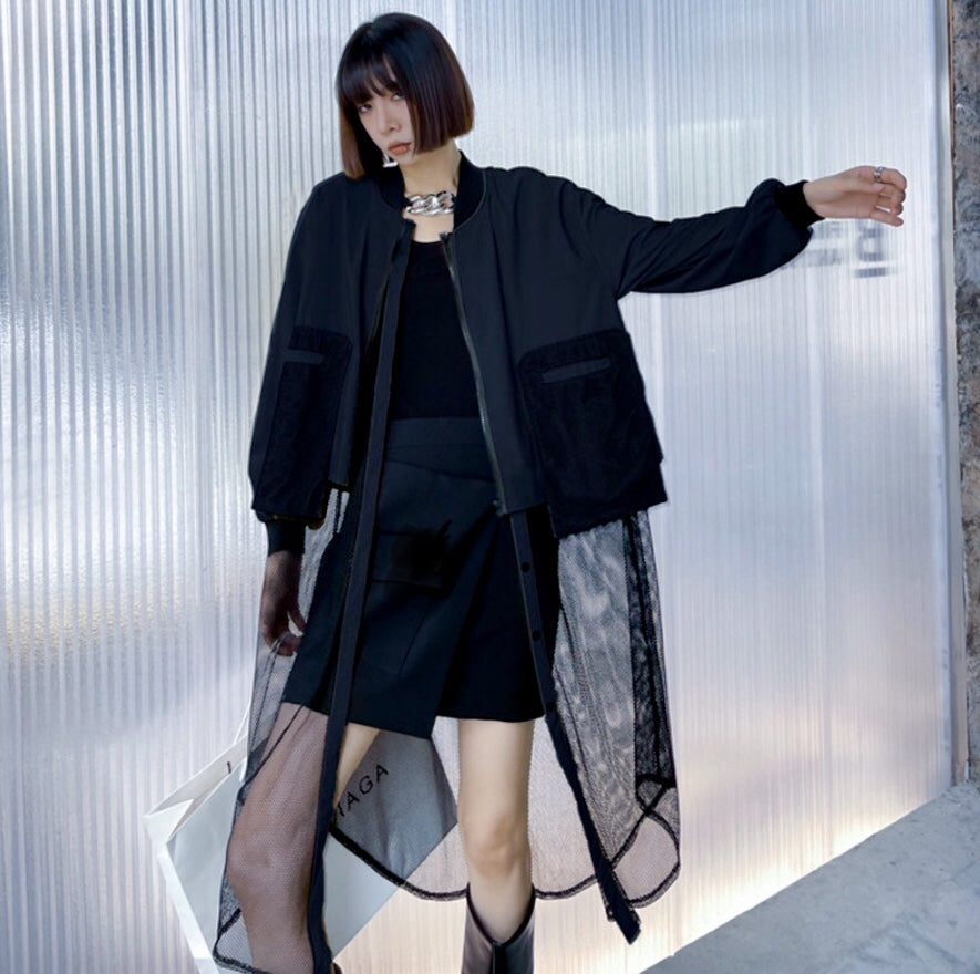 Rounded Collar Zip & Button Long Sleeve Coat with Mesh Hem Full Length