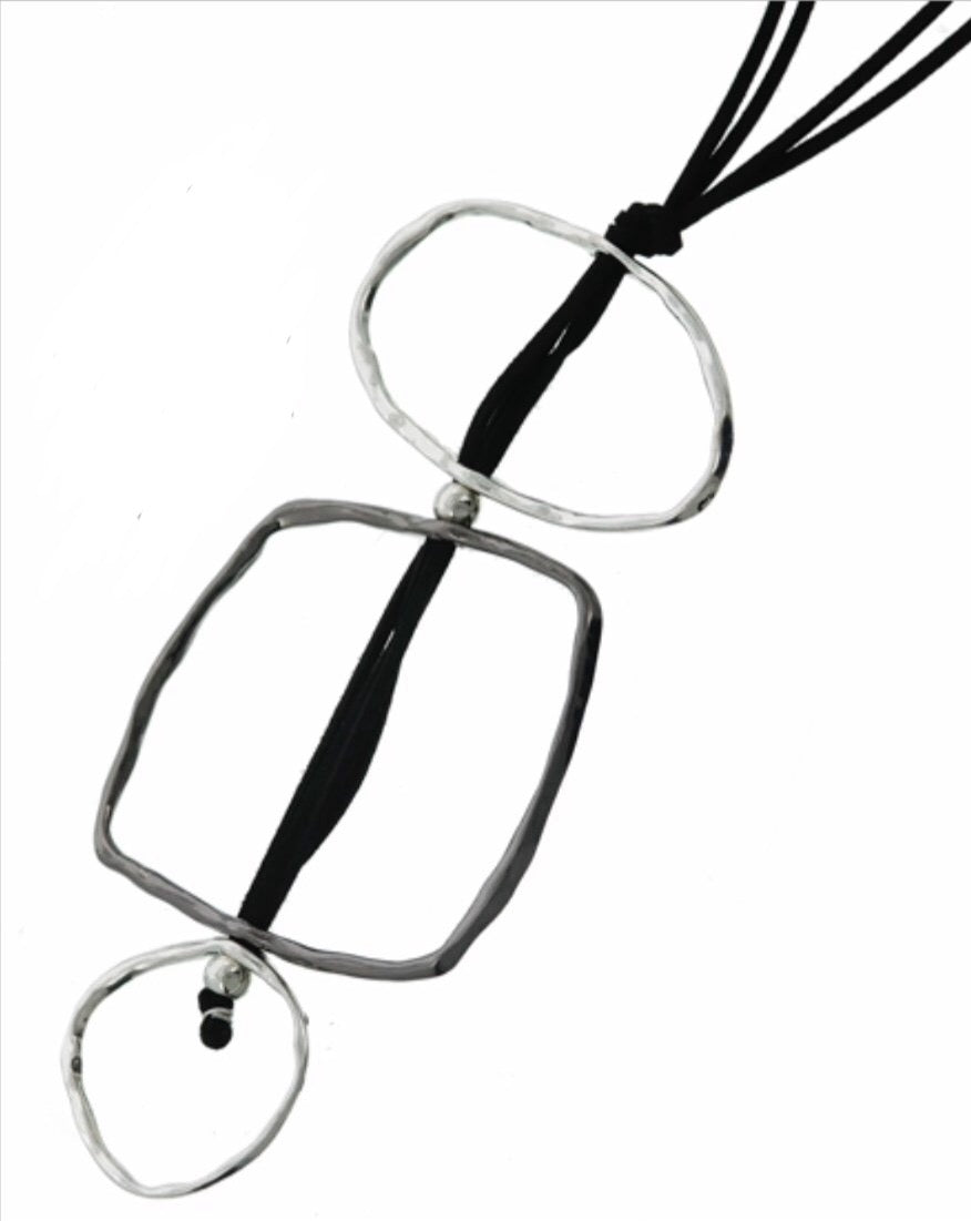 Long Necklace Geometric Open Shape on Black Suede Cord Two Tone
