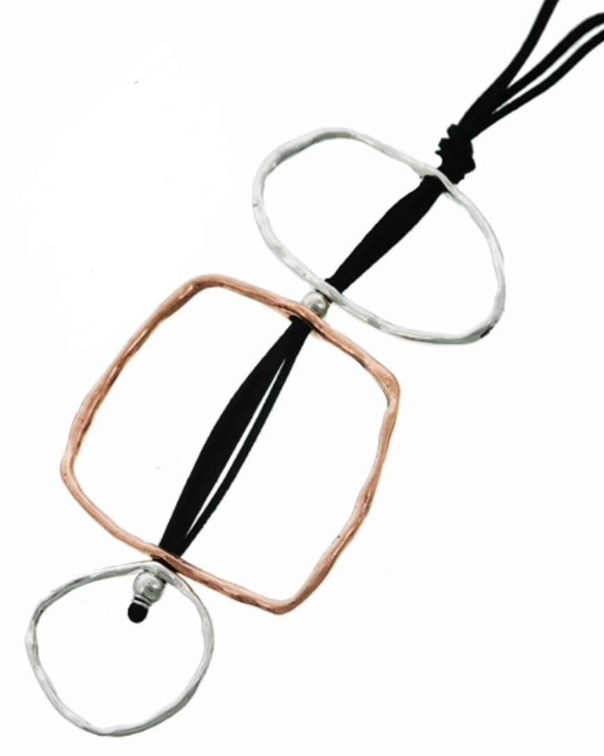 Long Necklace Geometric Open Shape on Black Suede Cord Two Tone