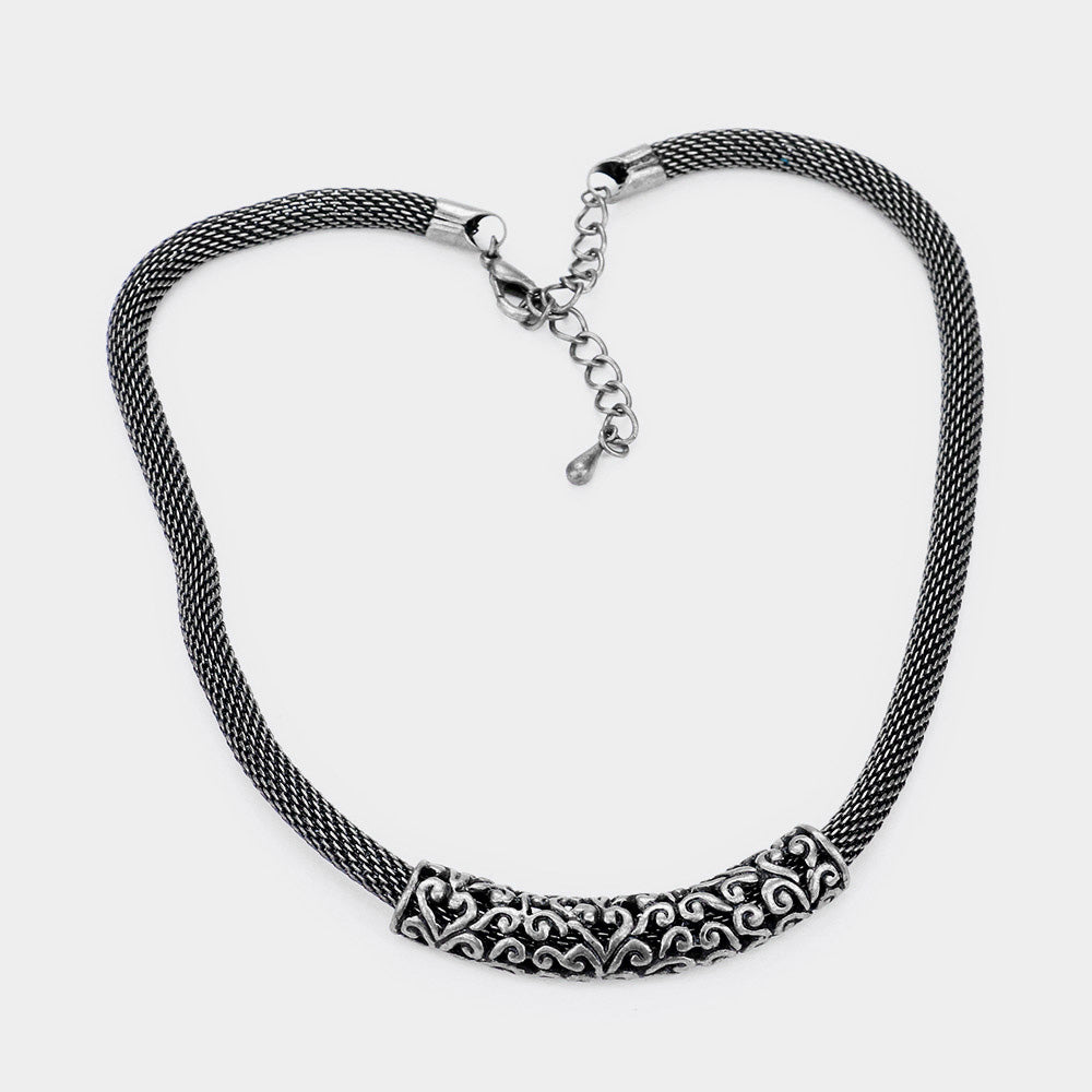 Embossed Metal Mesh Chain Necklace Antique Silver