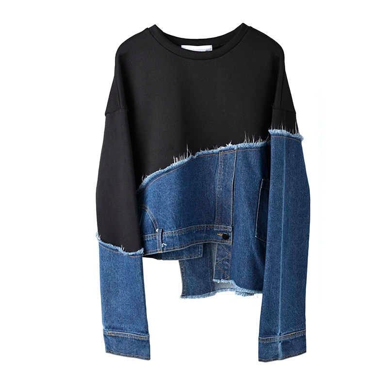 Split Fabric Black Jersey & Denim Asymmetrical Long Sleeve Top