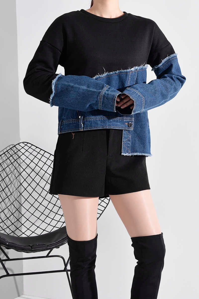 Split Fabric Black Jersey & Denim Asymmetrical Long Sleeve Top