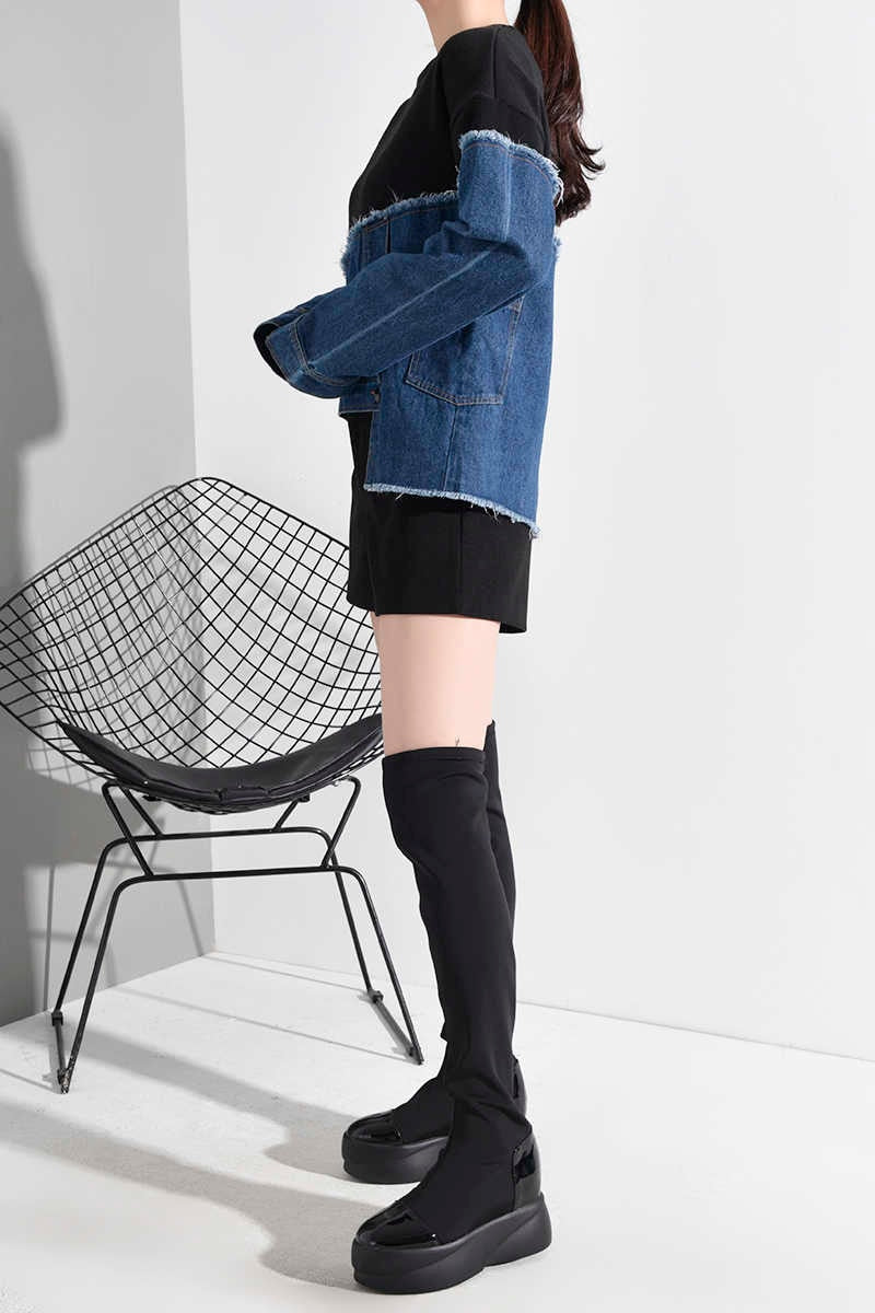 Split Fabric Black Jersey & Denim Asymmetrical Long Sleeve Top
