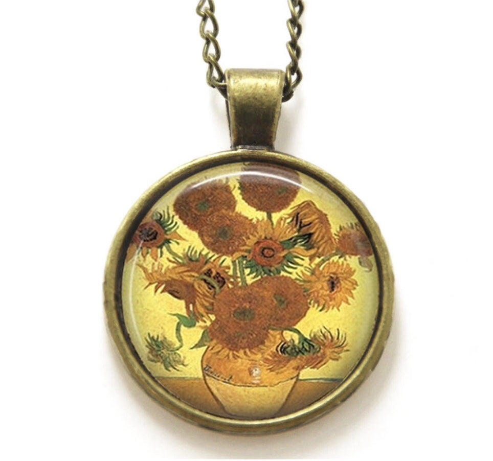 Glass Cabochon Sunflowers Bezel Set Necklace Bronze