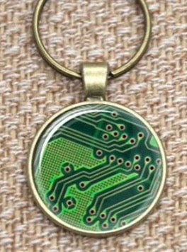 Glass Cabochon Computer Chip Bezel Set Keyring Bronze