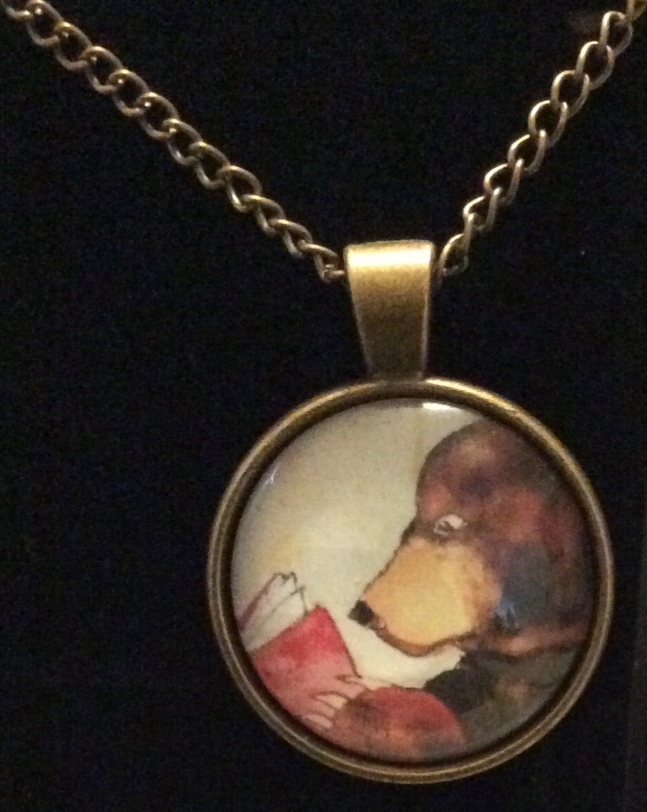 Glass Cabochon “Bear Reading” Bezel Set Necklace Bronze