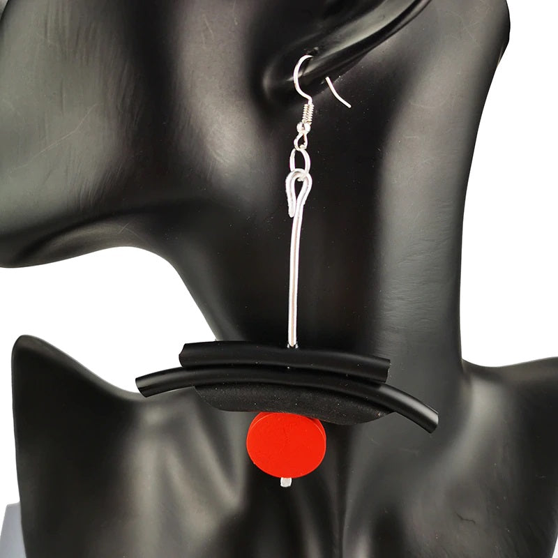 Recycled Rubber/Silicone Geometric Earrings with Wood Accent Drop Earring