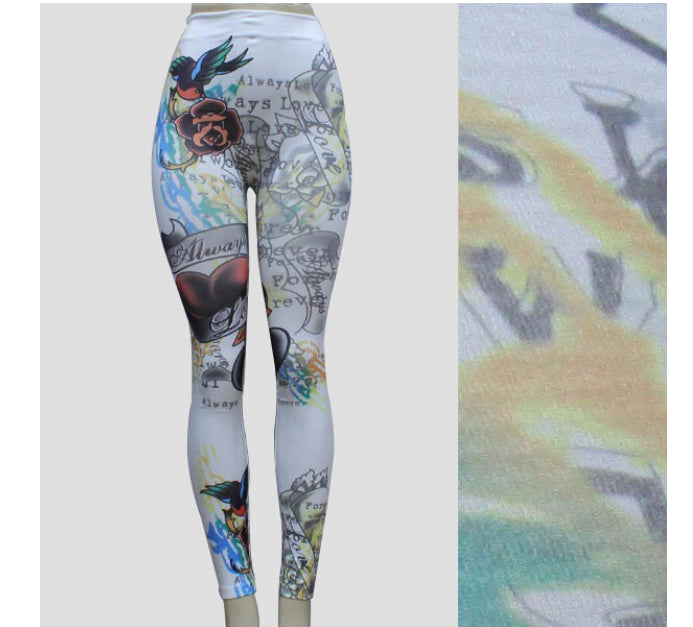 Leggings Art Graffiti Print Full Length O/S White-Multi Color