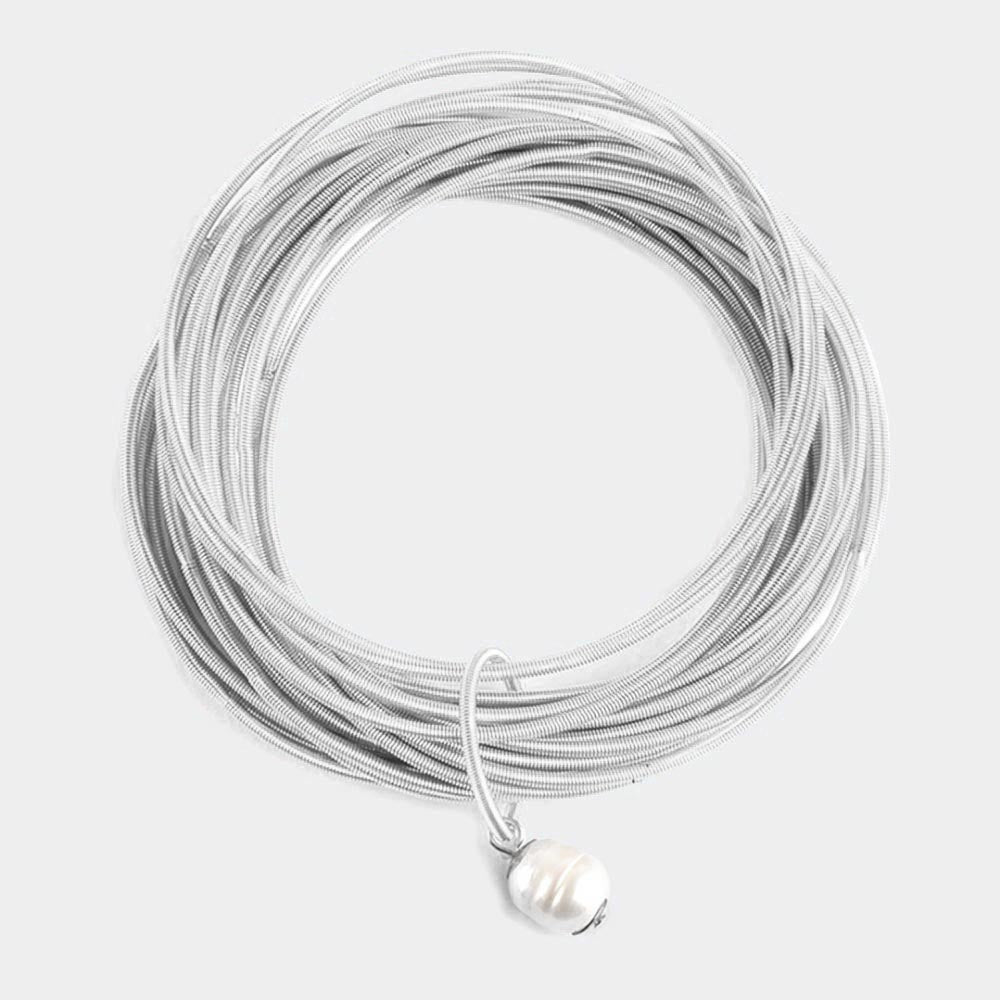 Freshwater Pearl Charm Guitar String Stackable Stretch Bracelet Silver