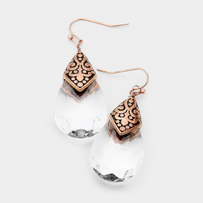Crystal Teardrop Textured Metal Cap Dangle Earrings Copper