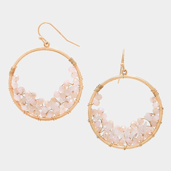 Beaded Rose Quartz Metal Hoop Earrings