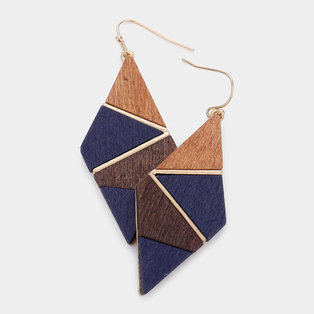 Wood Rhombus Dangle Earrings Navy