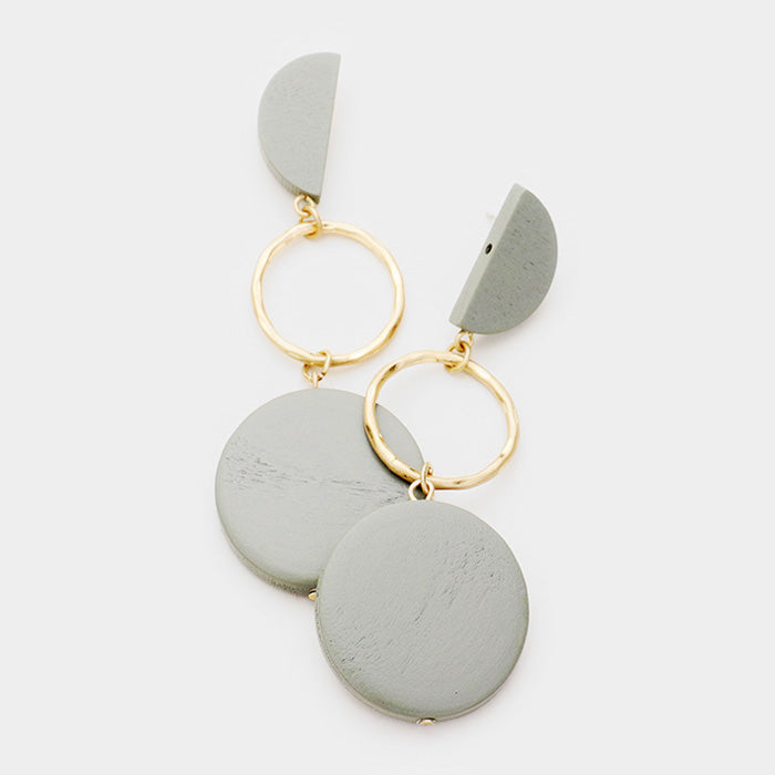 Geometric Wood Round Metal Dangle Earrings Gray