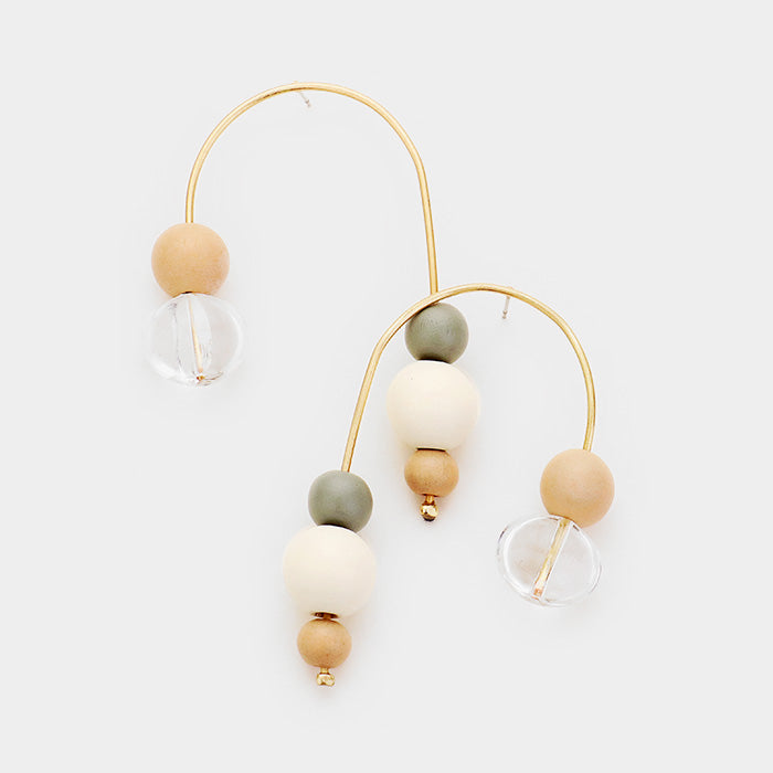 Wood Ball Bead Curved Wire Earrings