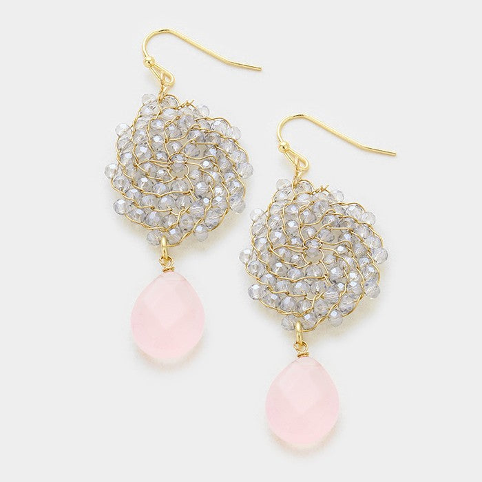 Woven Crystal Bead with Rose Quartz Teardrop Dangle Earring Grey/Pink