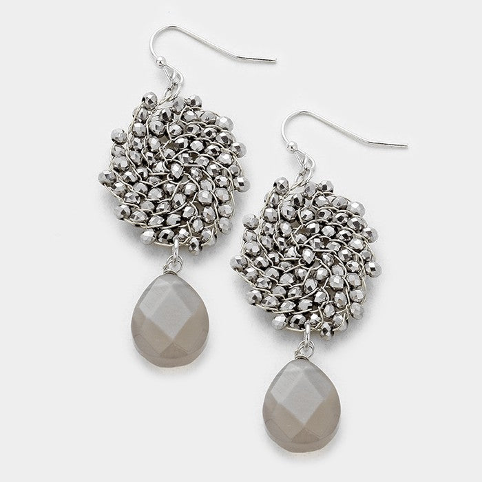 Woven Crystal Bead with Agate Teardrop Dangle Earring Hematite/Grey
