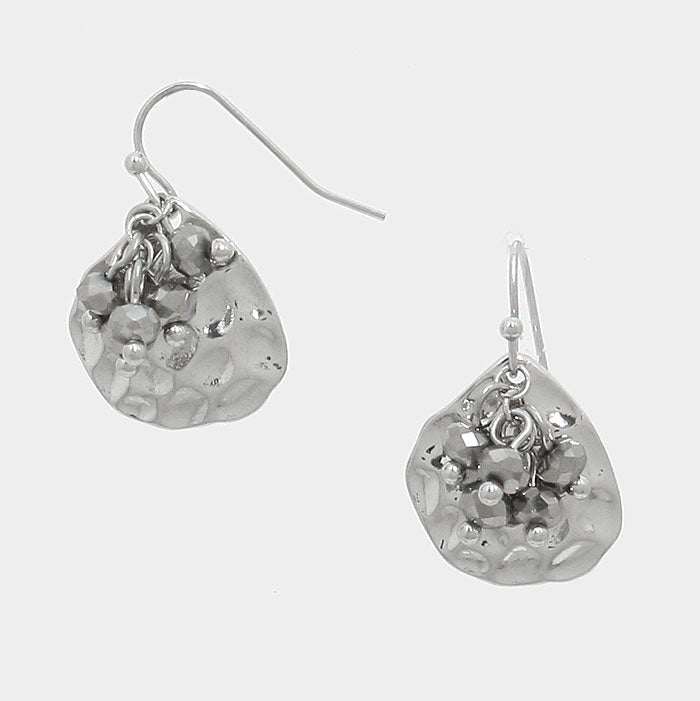 Hammered Metal Disc & Bead Charm Earrings Silver Tone