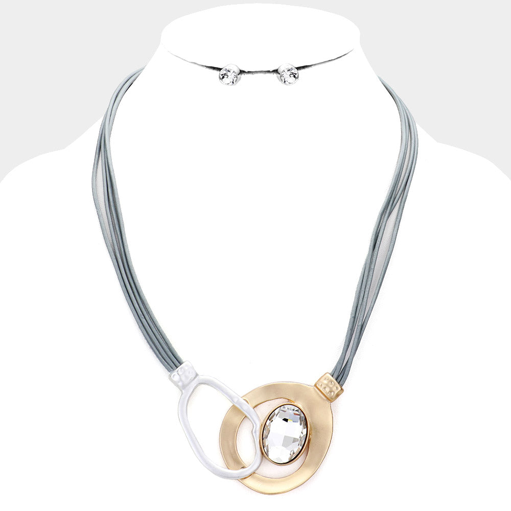 Oval Crystal Irregular Circle Metal Decor. Vegan Leather Cord Necklace