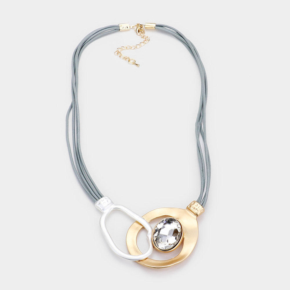 Oval Crystal Irregular Circle Metal Decor. Vegan Leather Cord Necklace