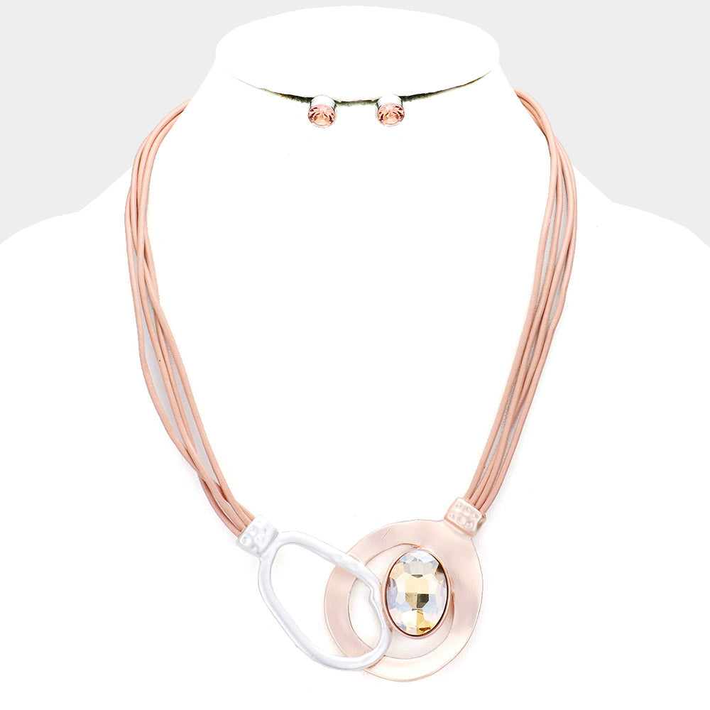 Oval Crystal Irregular Circle Metal Décor. Vegan Leather Cord Necklace Tan