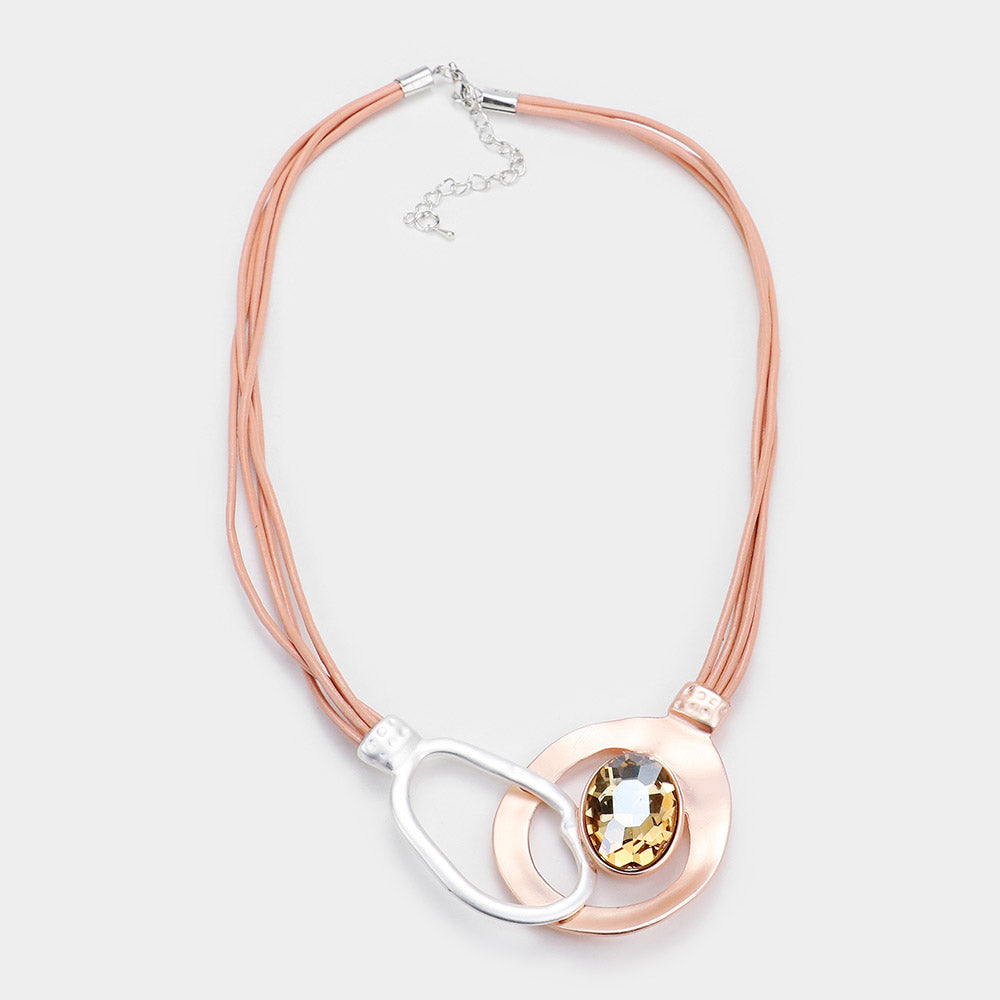 Oval Crystal Irregular Circle Metal Décor. Vegan Leather Cord Necklace Tan