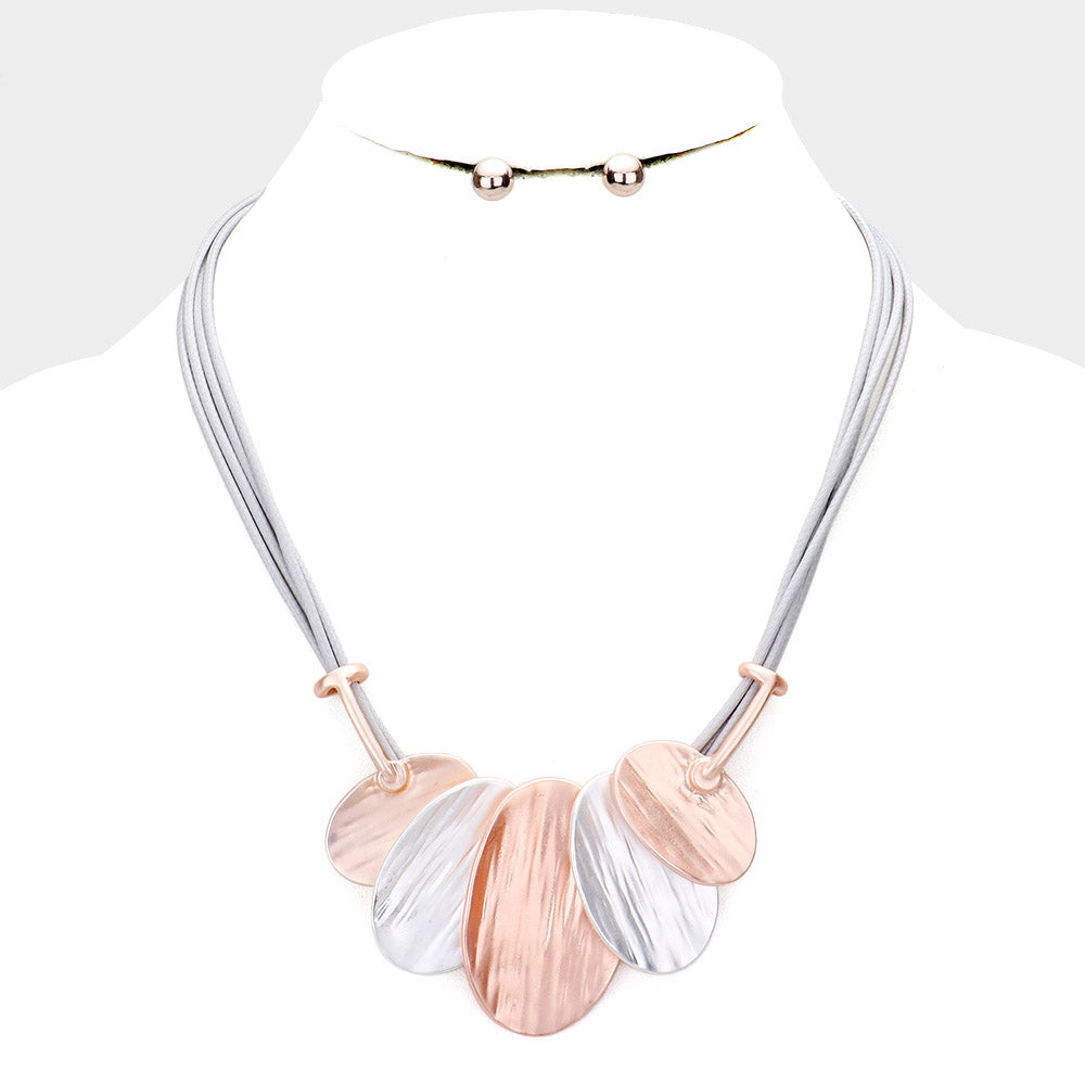 Textural Oval Metal Décor. Vegan Leather Cord Necklace Rose Gold/ Siver