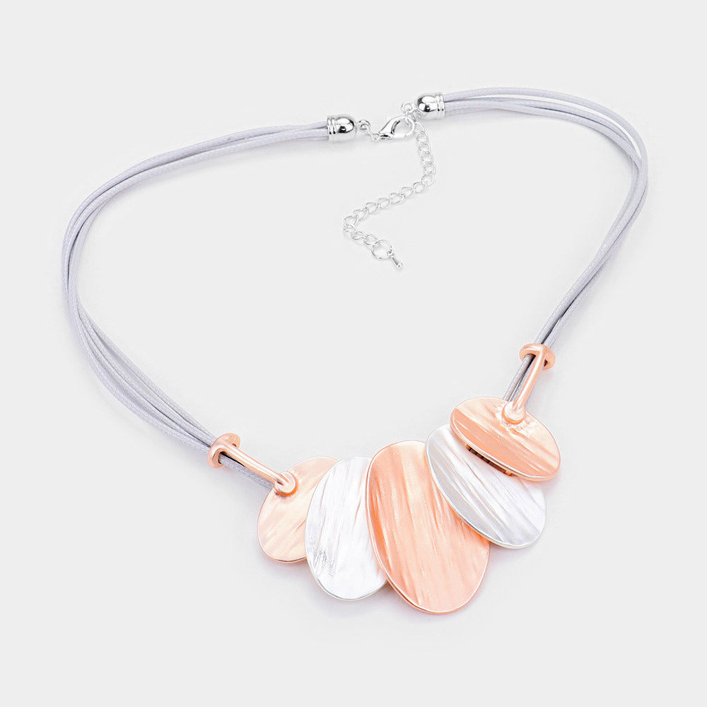 Textural Oval Metal Décor. Vegan Leather Cord Necklace Rose Gold/ Siver