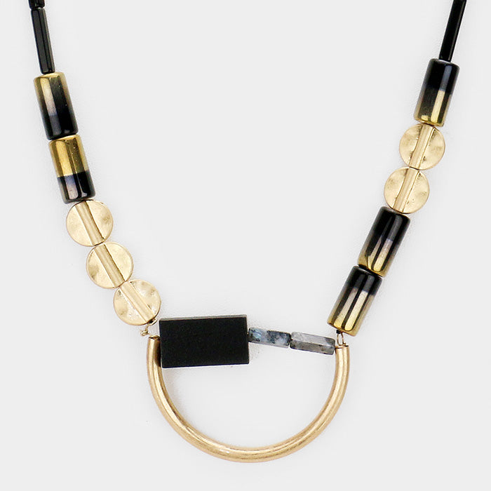 Long Round Disc Wood Glass Bead Necklace