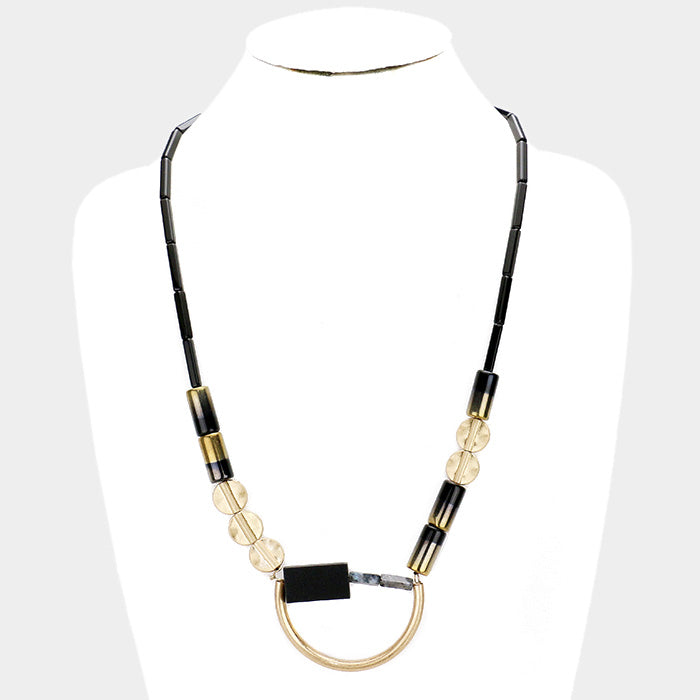 Long Round Disc Wood Glass Bead Necklace