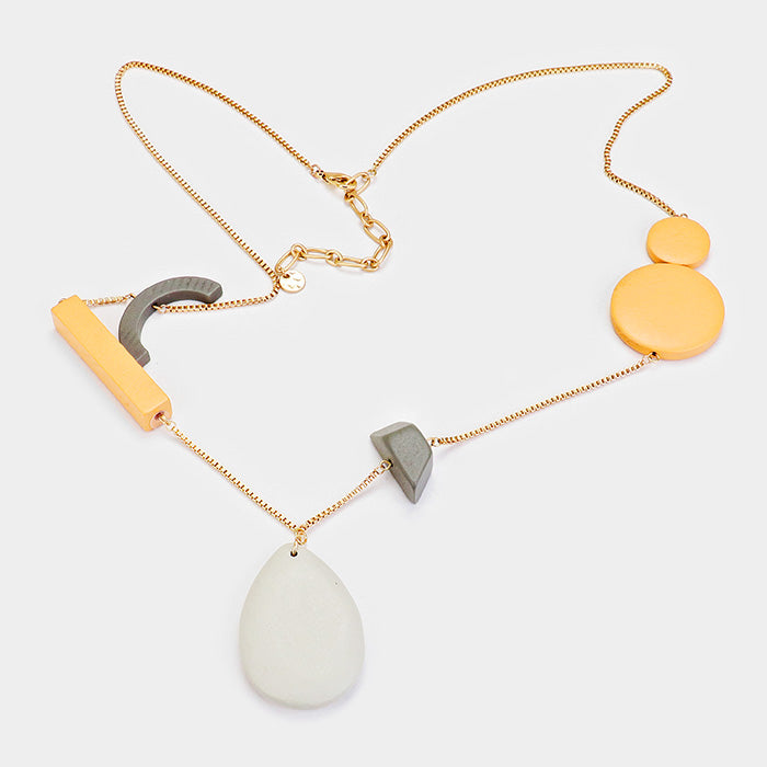 Long Geometric Wood Bead Necklace