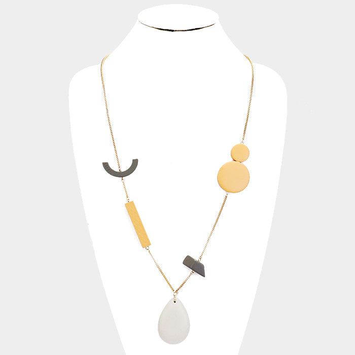 Long Geometric Wood Bead Necklace