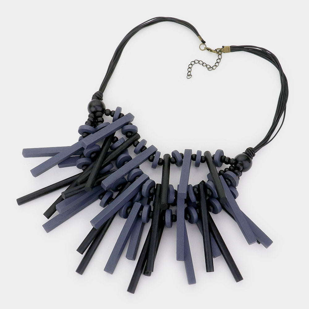 Wood Bar Cluster Cord Necklace Black
