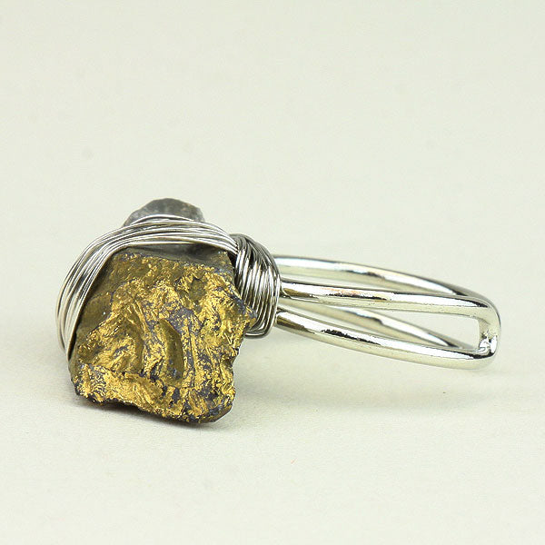 Raw Gemstone Pyrite Wire Wrapped Cuff Ring Size Free Adjustable