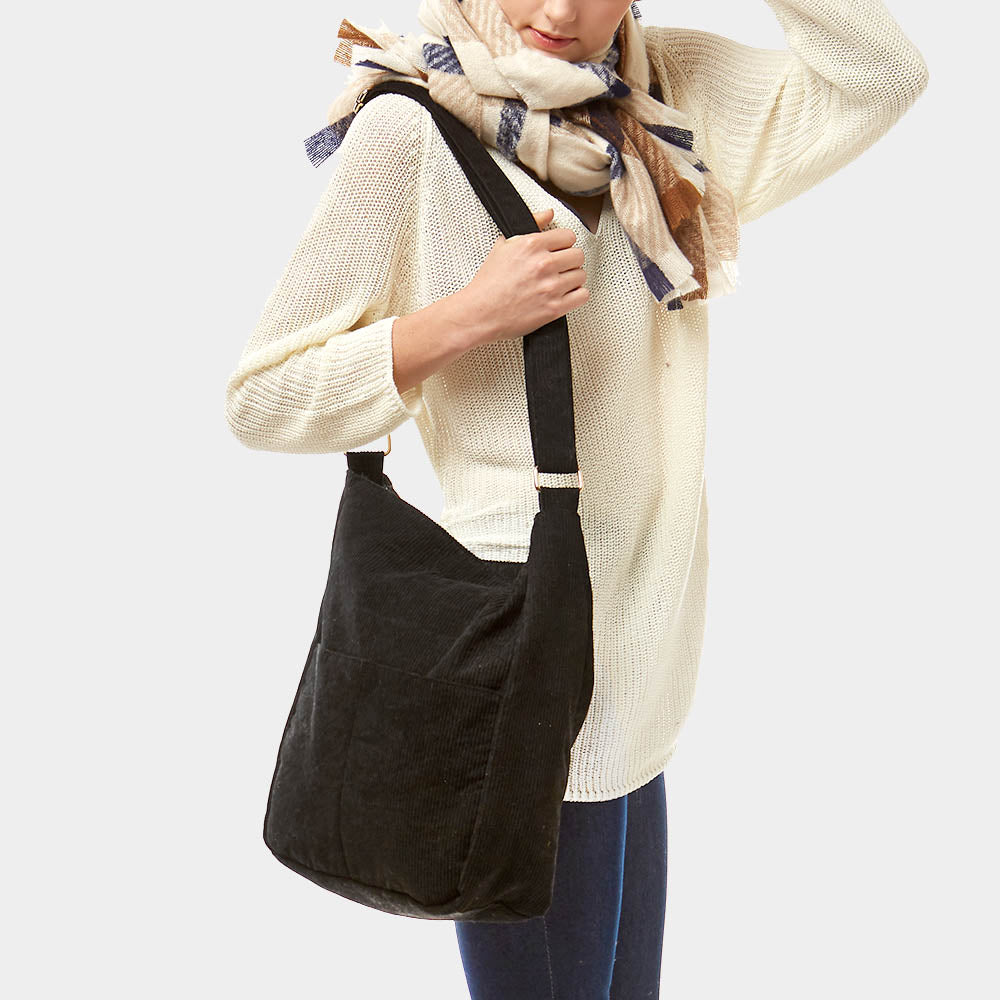 Corduroy Crossbody Shoulder Bag Black